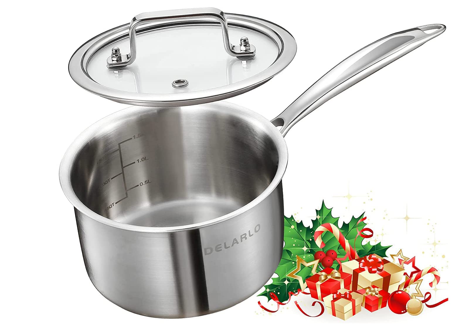 DELARLO Tri-Ply 2.5 Qt saucepan shows even heat distribution for consistent cooking.