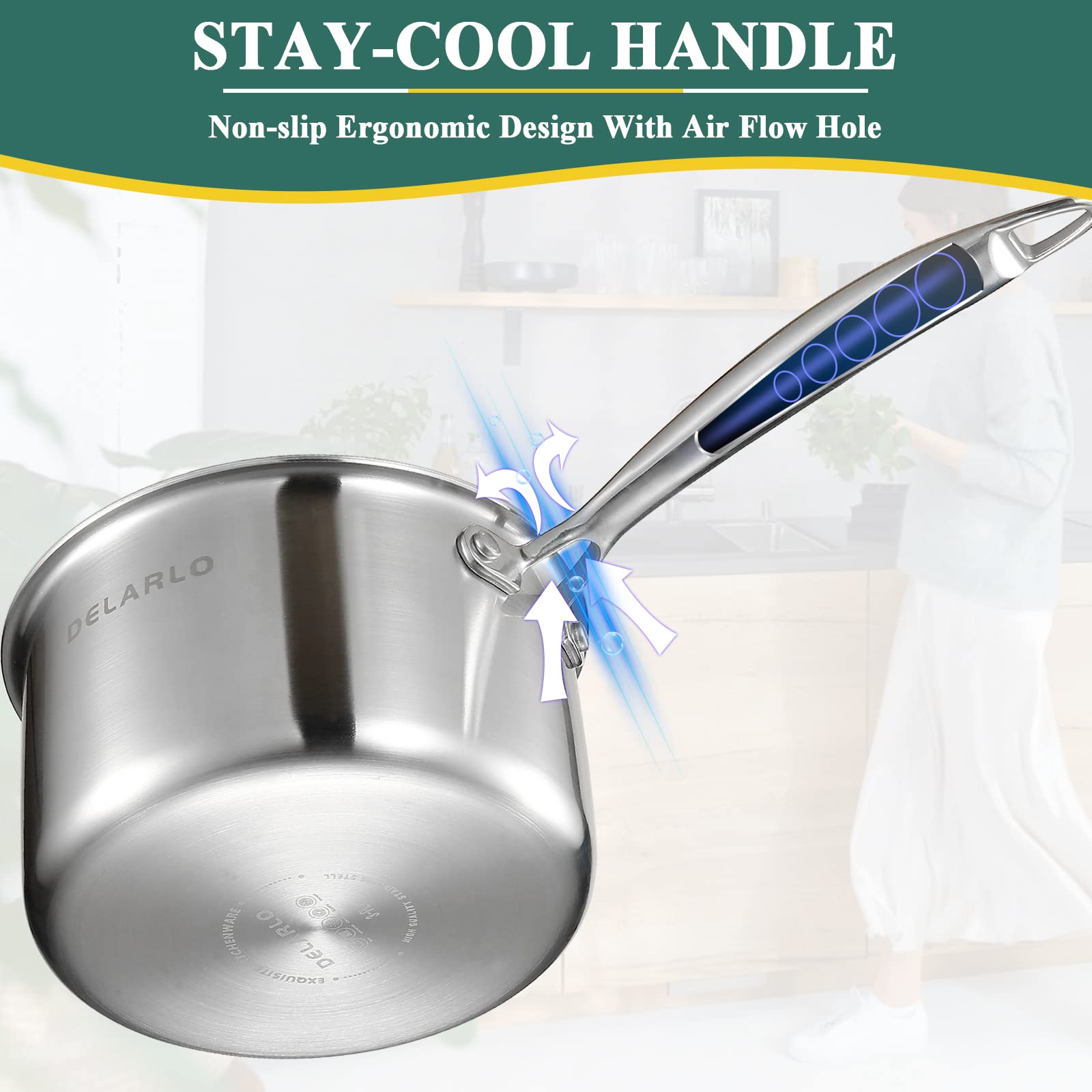 DELARLO heavy-duty stainless steel body withstands high heat and long simmering.