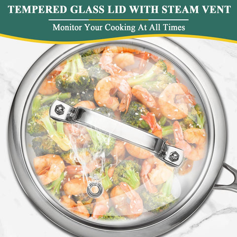 DELARLO Tri-Ply pan works on induction and other stovetops for versatile use.