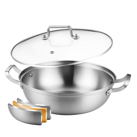 Delarlo tri-ply 11-inch everyday pan with lid for versatile stovetop cooking.