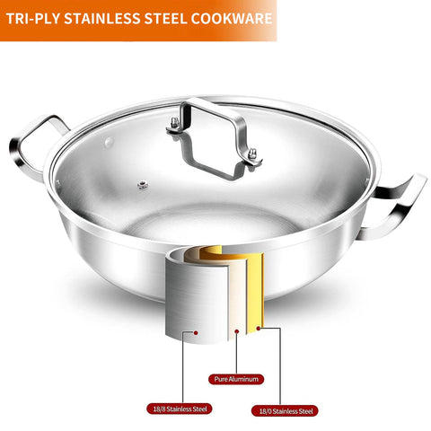 Delarlo tri-ply pan interior view highlights durable 18/8 surface for safe cooking.