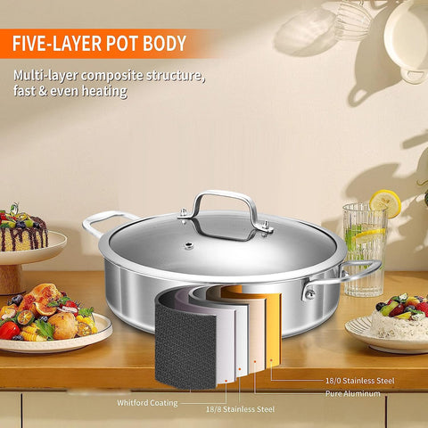 DELARLO tri-ply stainless steel core ensures fast, even cooking across the pan.