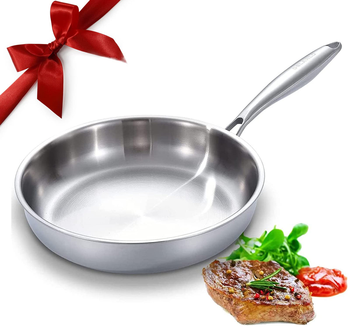 DELARLO Tri-Ply frying pan front view shows even heat distribution for consistent cooking