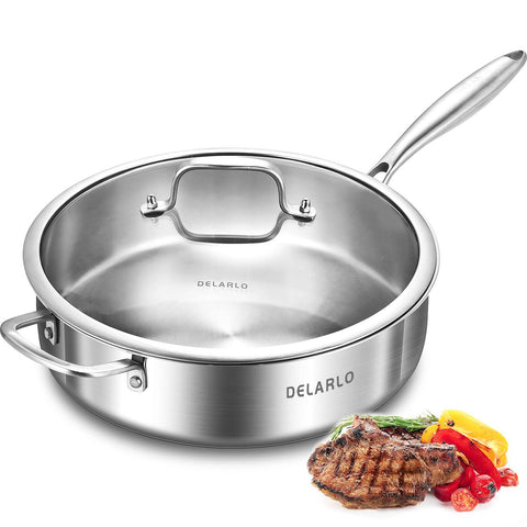 DELARLO 12-inch skillet with lid delivering even heat for efficient searing
