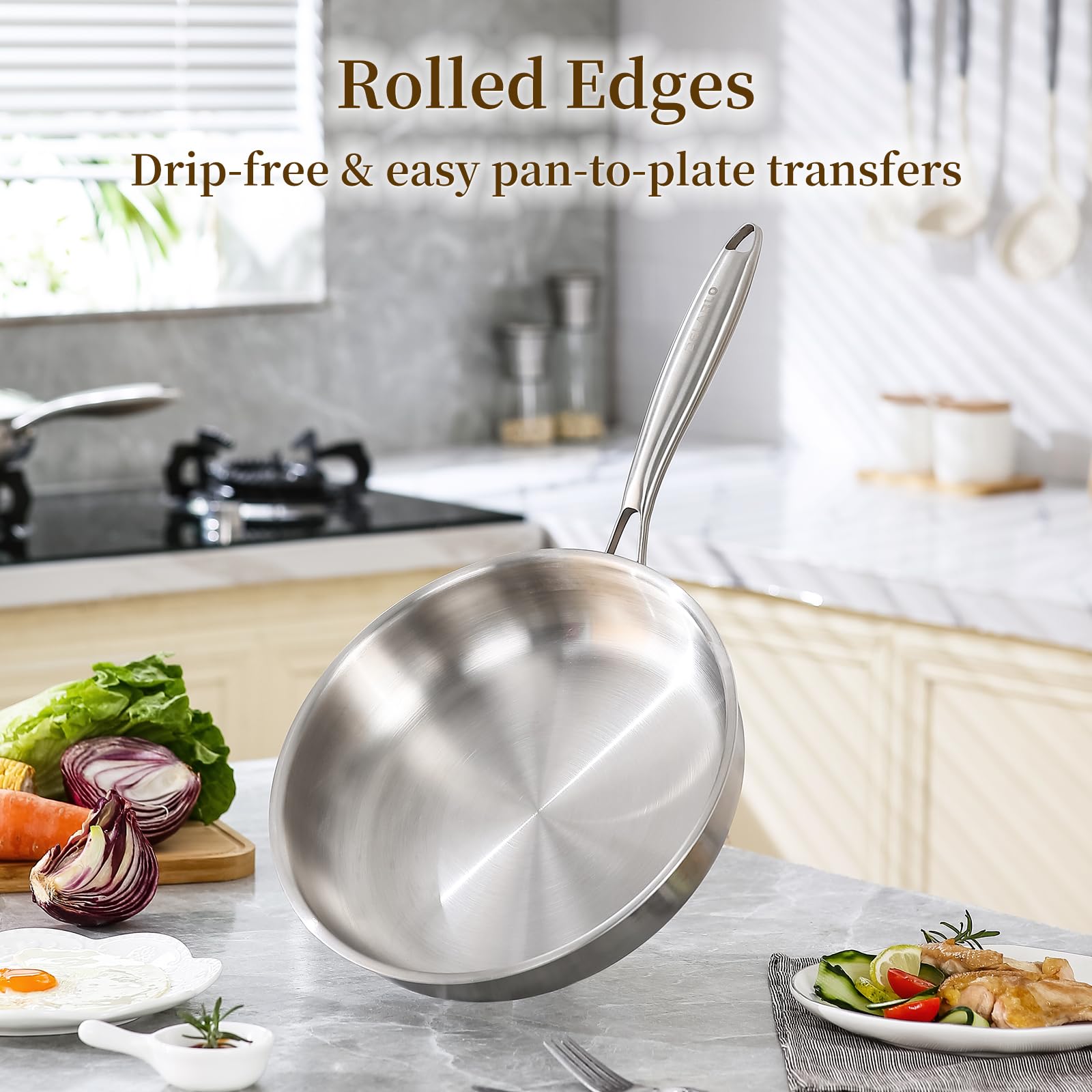 DELARLO frying pan sizzle image demonstrates browning and efficient heat transfer