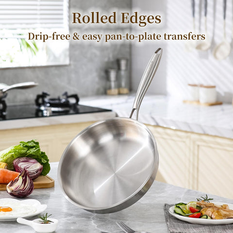 DELARLO frying pan sizzle image demonstrates browning and efficient heat transfer