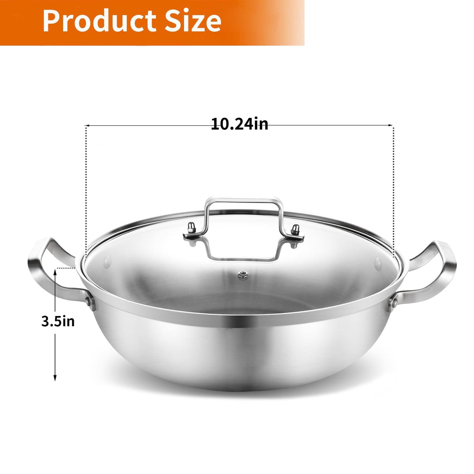 Delarlo tri-ply stainless steel construction with aluminum core for even heat distribution.