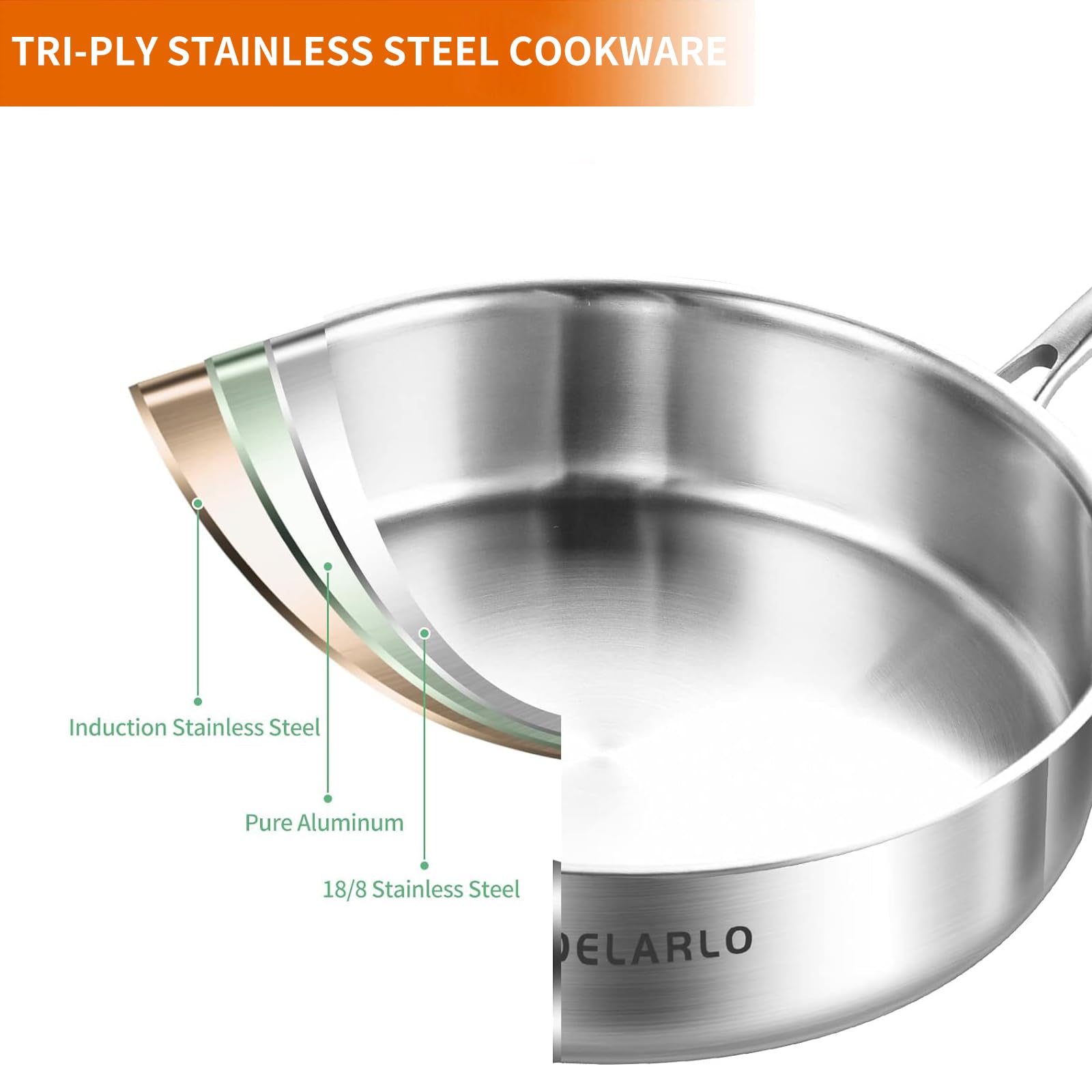 DELARLO tri-ply 6-quart sauté pan ready for versatile cooking