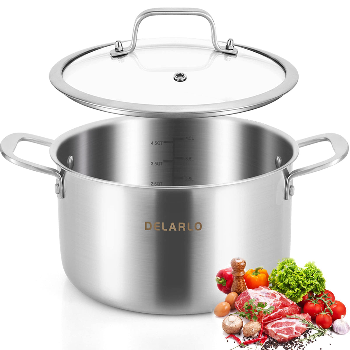 DELARLO 5-quart tri-ply stock pot with lid for even heat.
