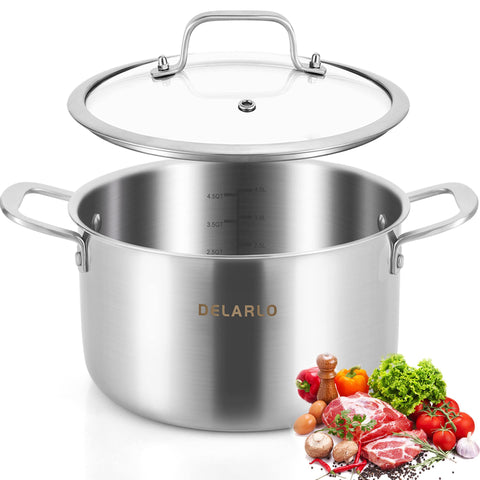 DELARLO 5-quart tri-ply stock pot with lid for even heat.