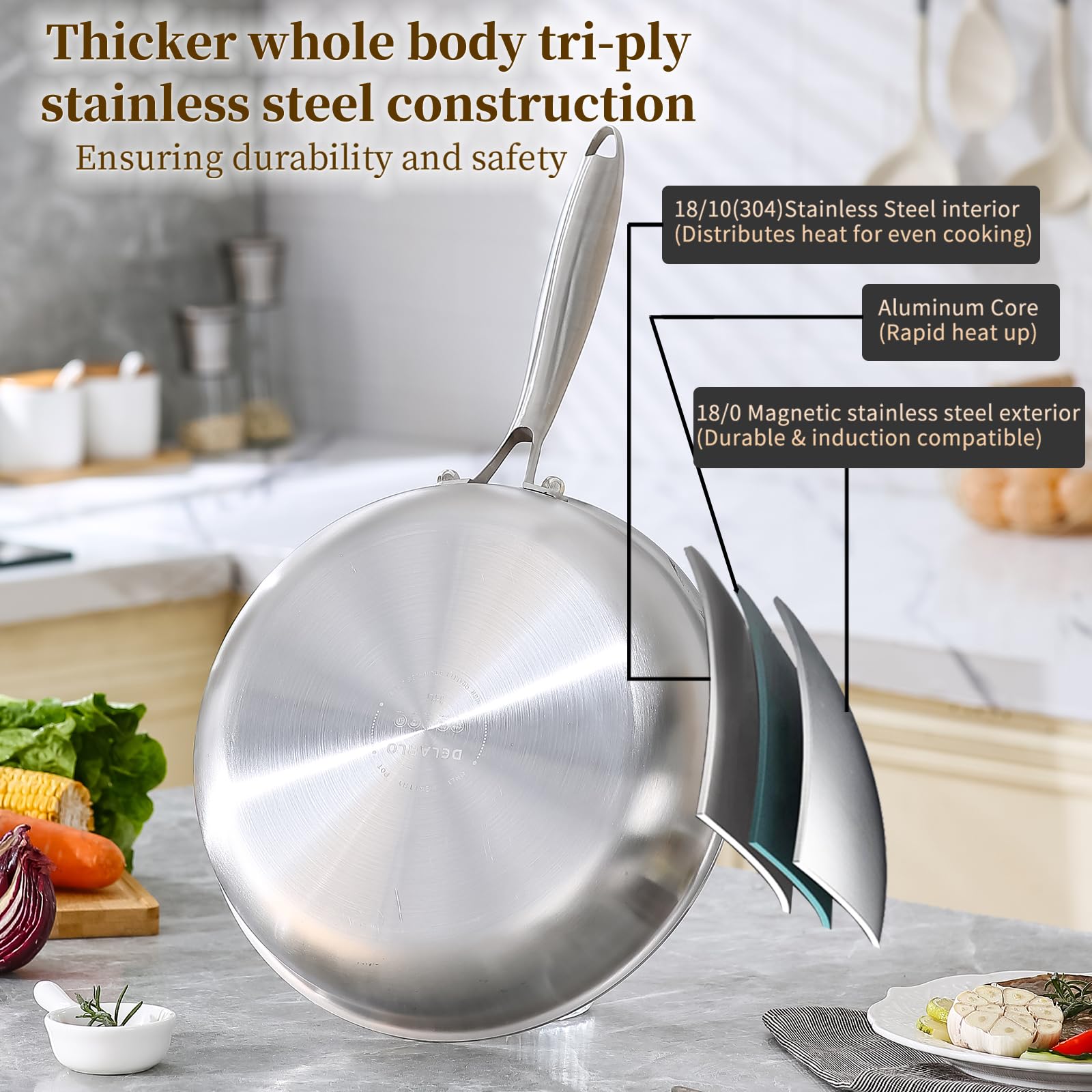 DELARLO triple-ply stainless steel core for fast, consistent cooking