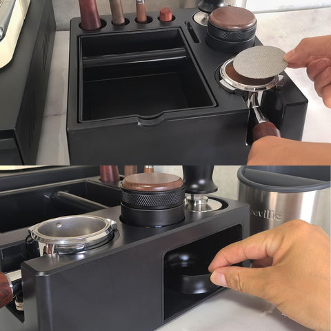 DELERKE 51-58mm accessory storage keeps tampers and distributors within reach.