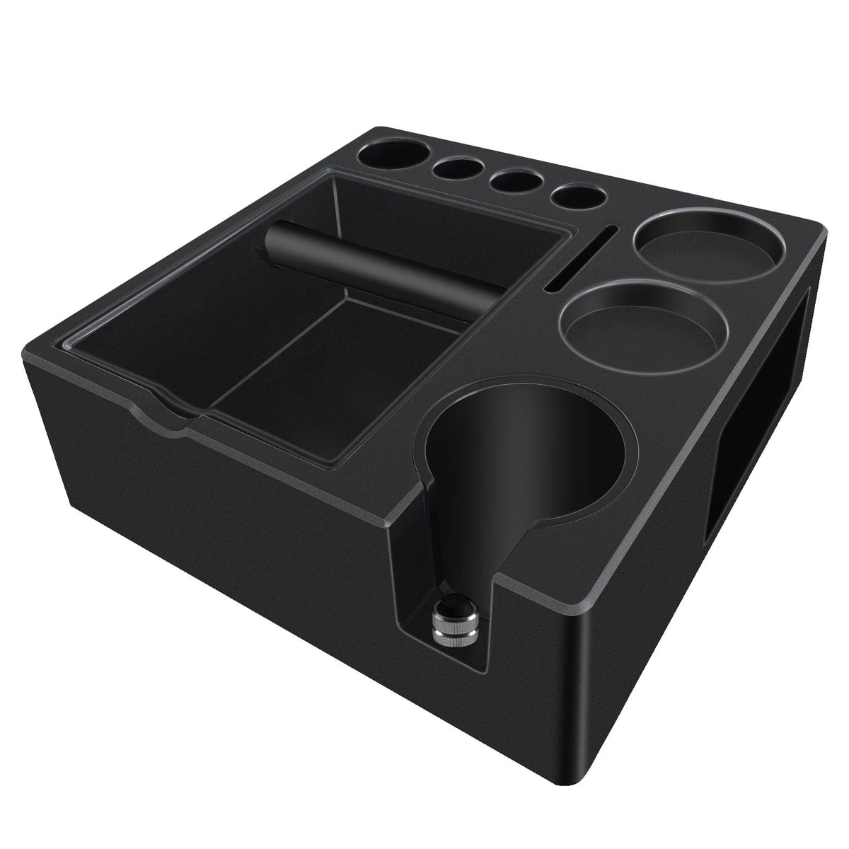 DELERKE espresso tamping station knock box front view; keeps tools organized and accessible.
