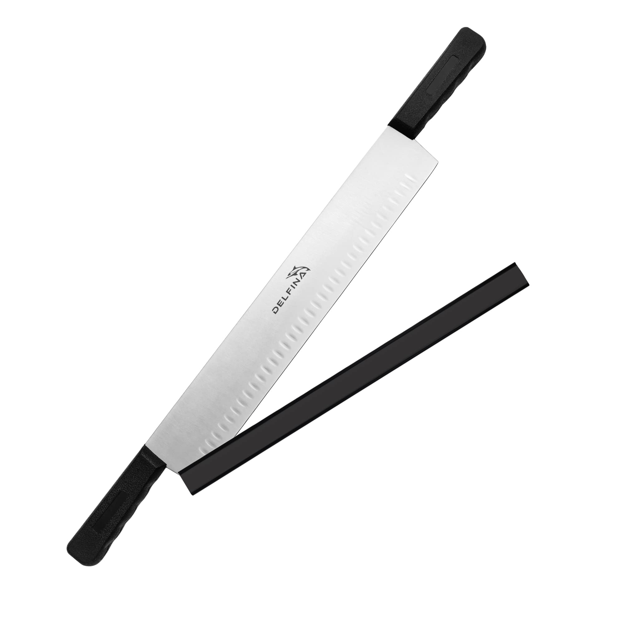 DELFINA cheese knife with blade protector enables clean, safe slicing of cheese blocks