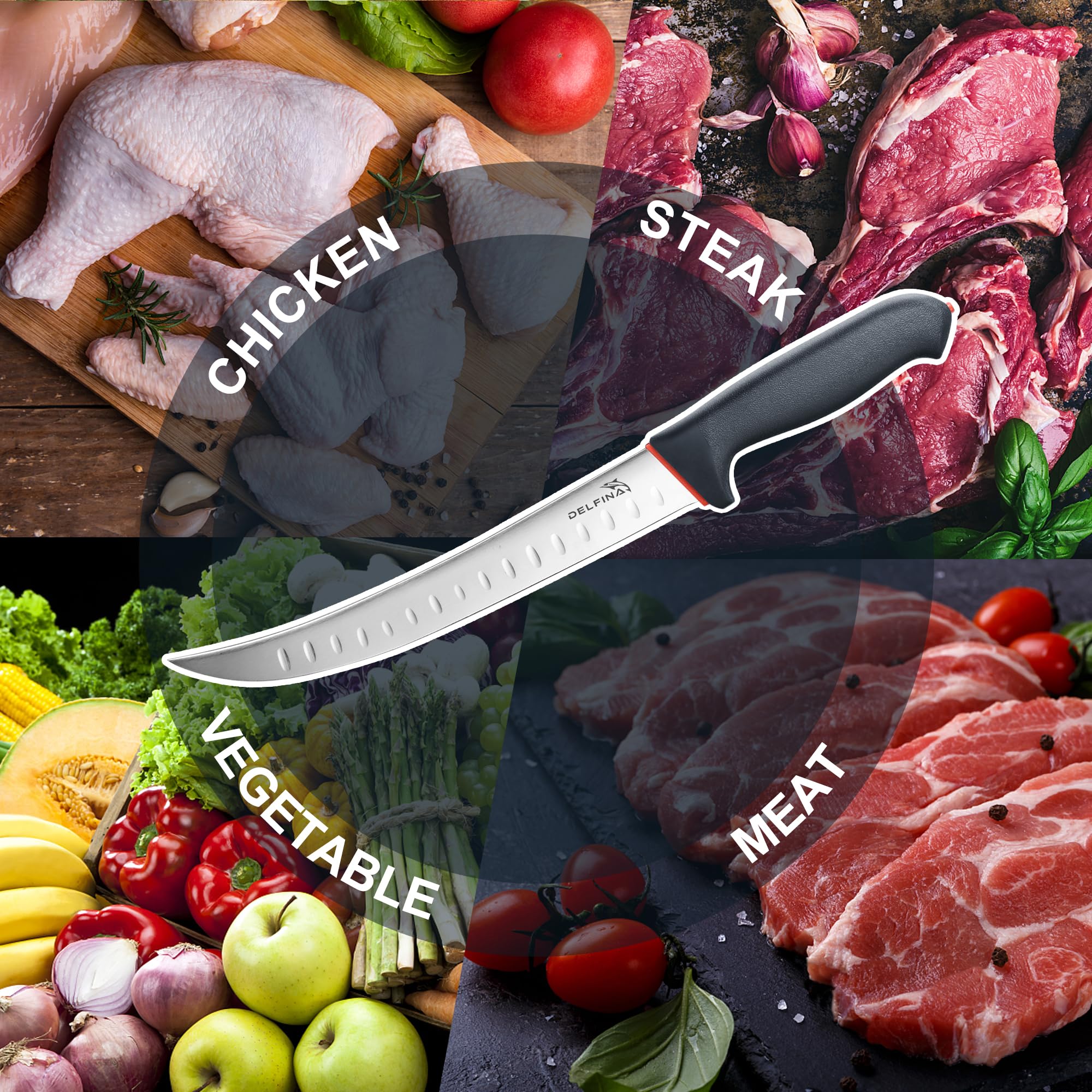 DELFINA curved knife groove design reduces sticking for smoother, quicker slicing