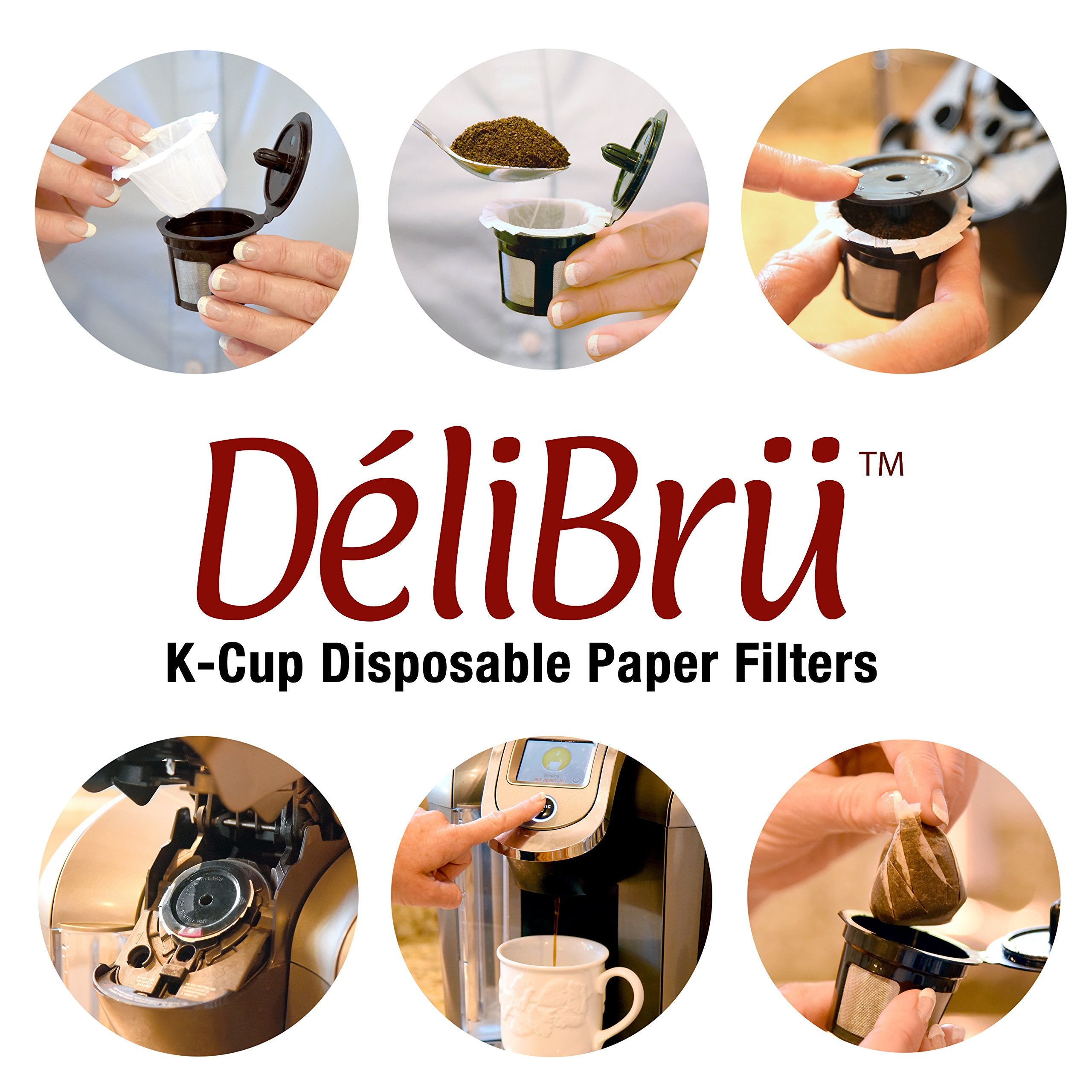 Delibru K Cup filters beside a brewed cup for easy cleanup.