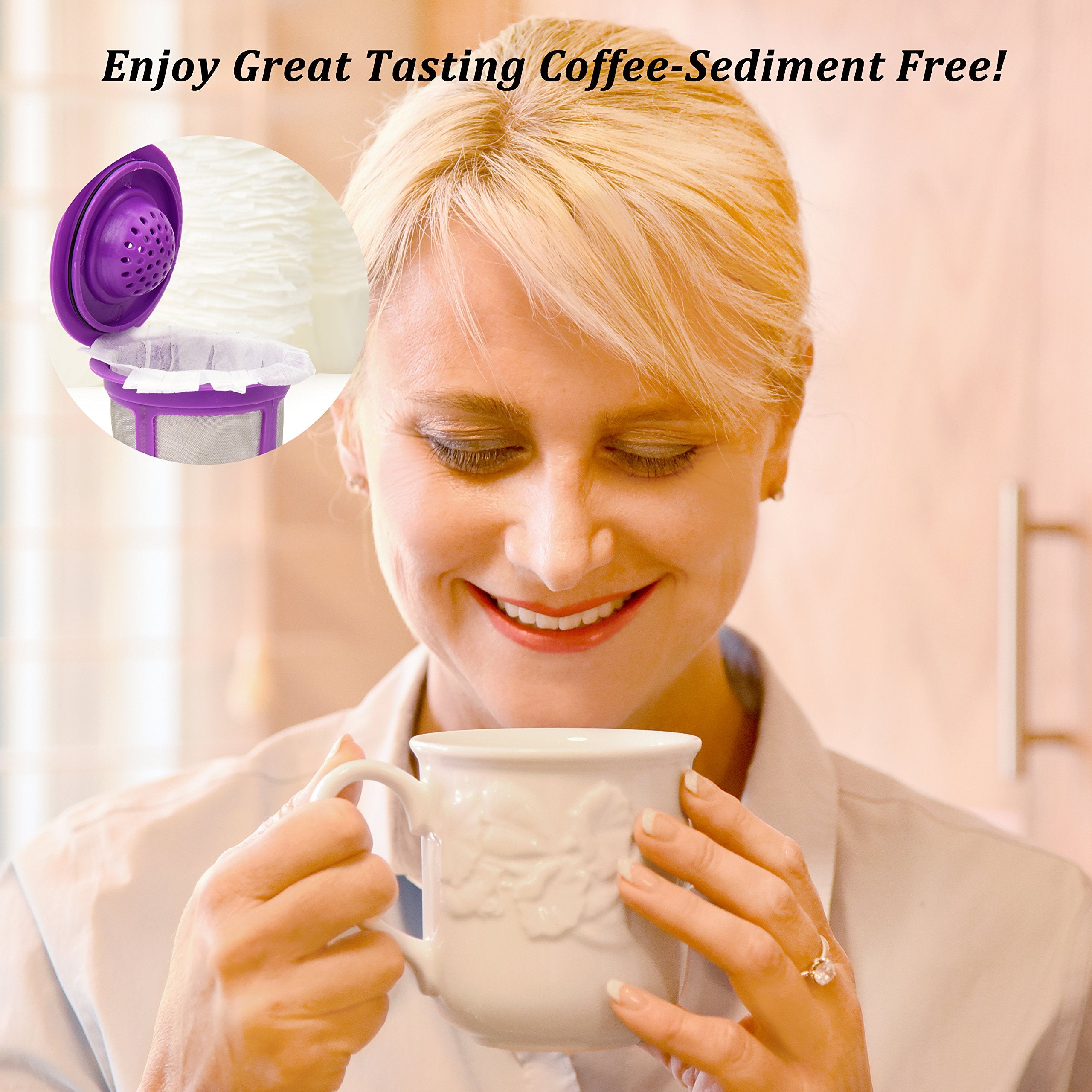 Delibru filter beside a Keurig machine demonstrating quick disposal after brew.