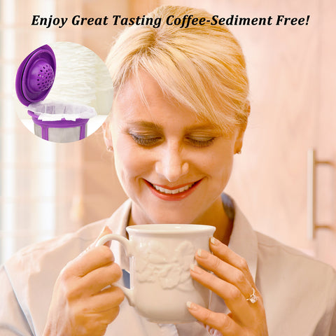 Delibru filter beside a Keurig machine demonstrating quick disposal after brew.