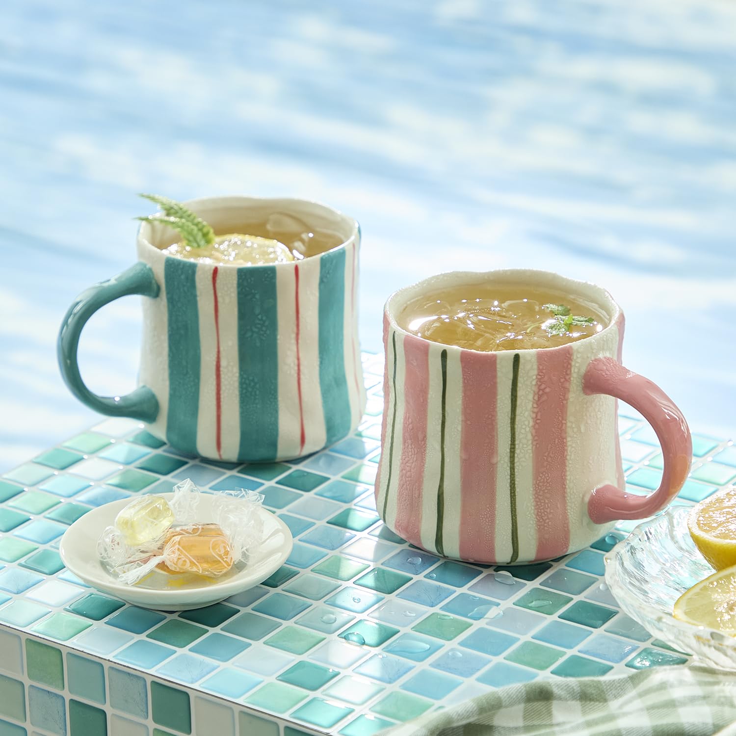 DELIGHTS GALORE striped ceramic coffee mugs in pink and green, ideal for quick morning rituals