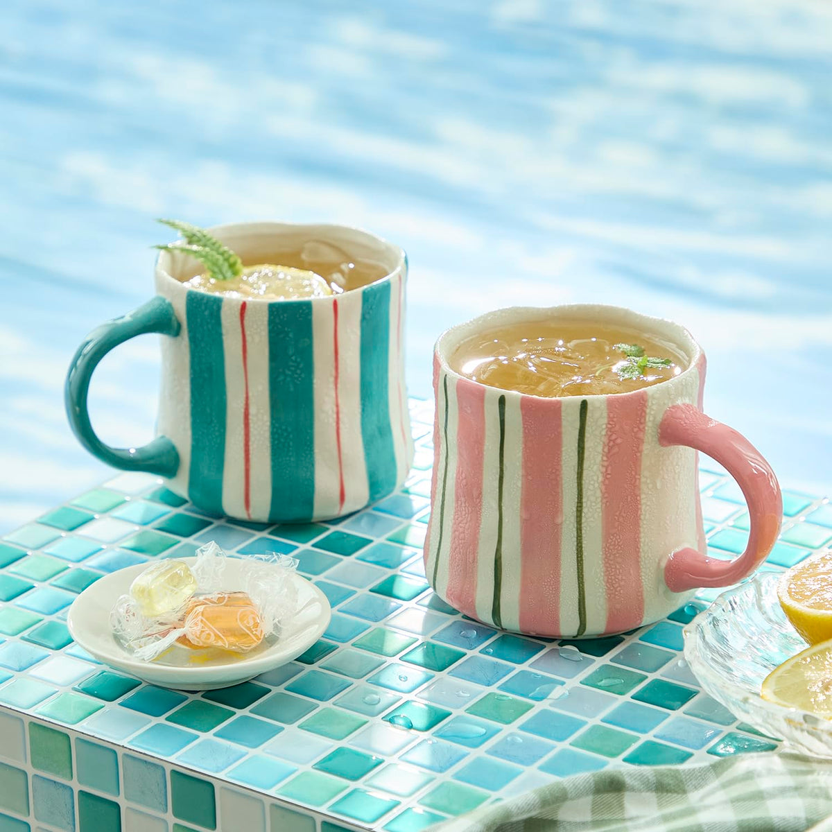 DELIGHTS GALORE striped ceramic coffee mugs in pink and green, ideal for quick morning rituals