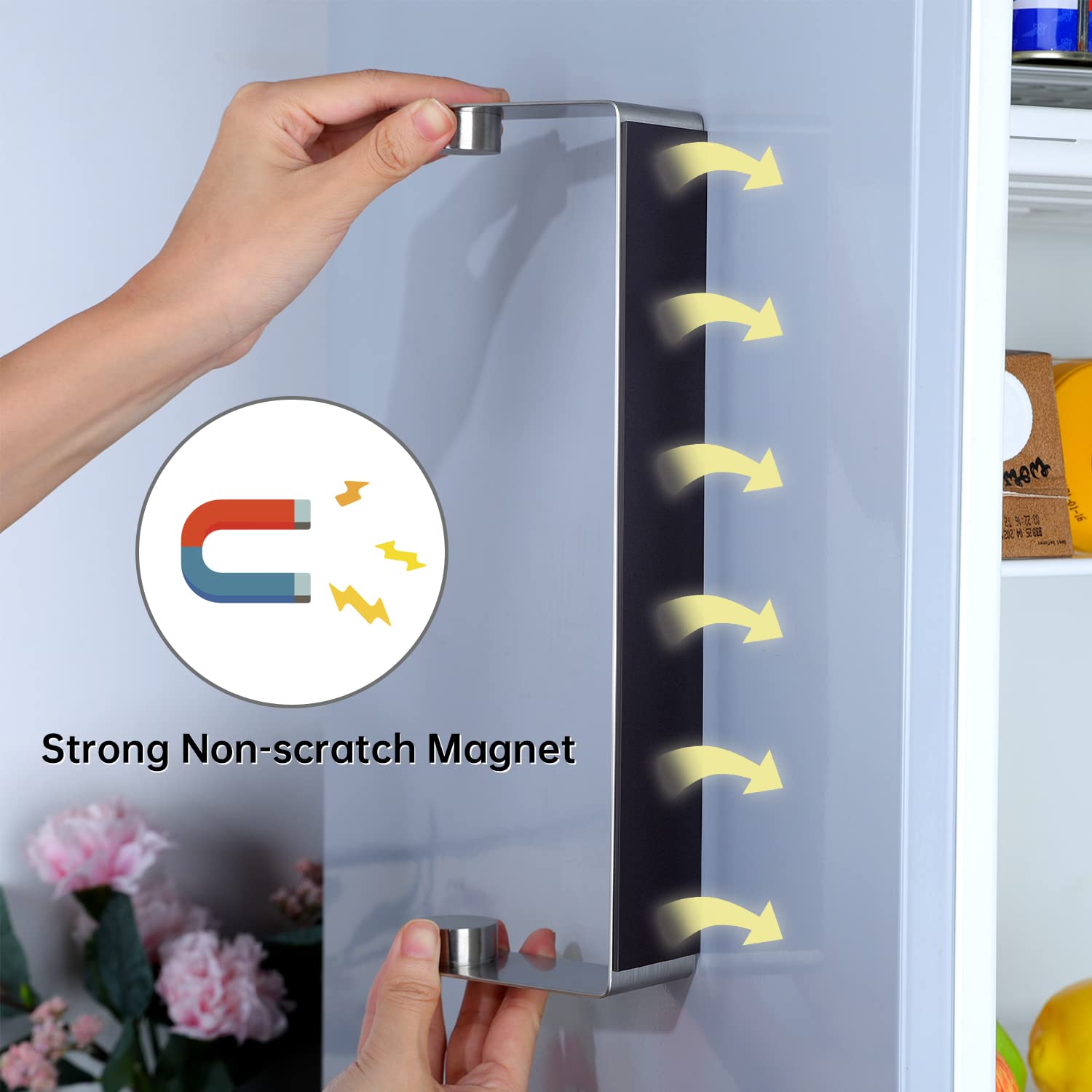 DELITON magnetic back secures to metal surfaces for stable fridge mounting.
