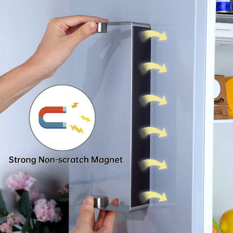 DELITON magnetic back secures to metal surfaces for stable fridge mounting.