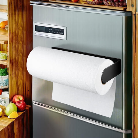 DELITON magnetic paper towel holder on fridge for quick access while cooking.
