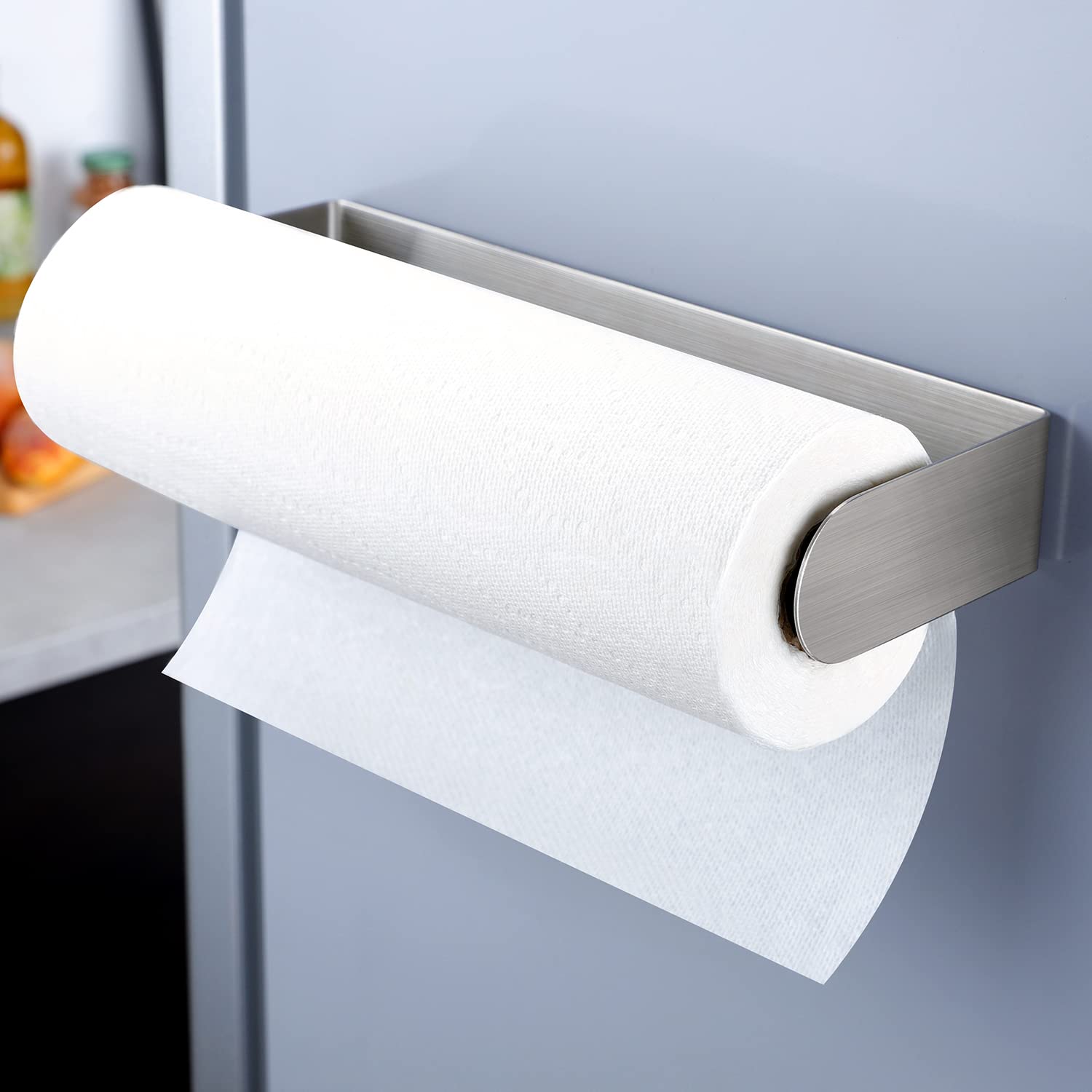 DELITON magnetic paper towel holder front view showing easy reach and secure fit.