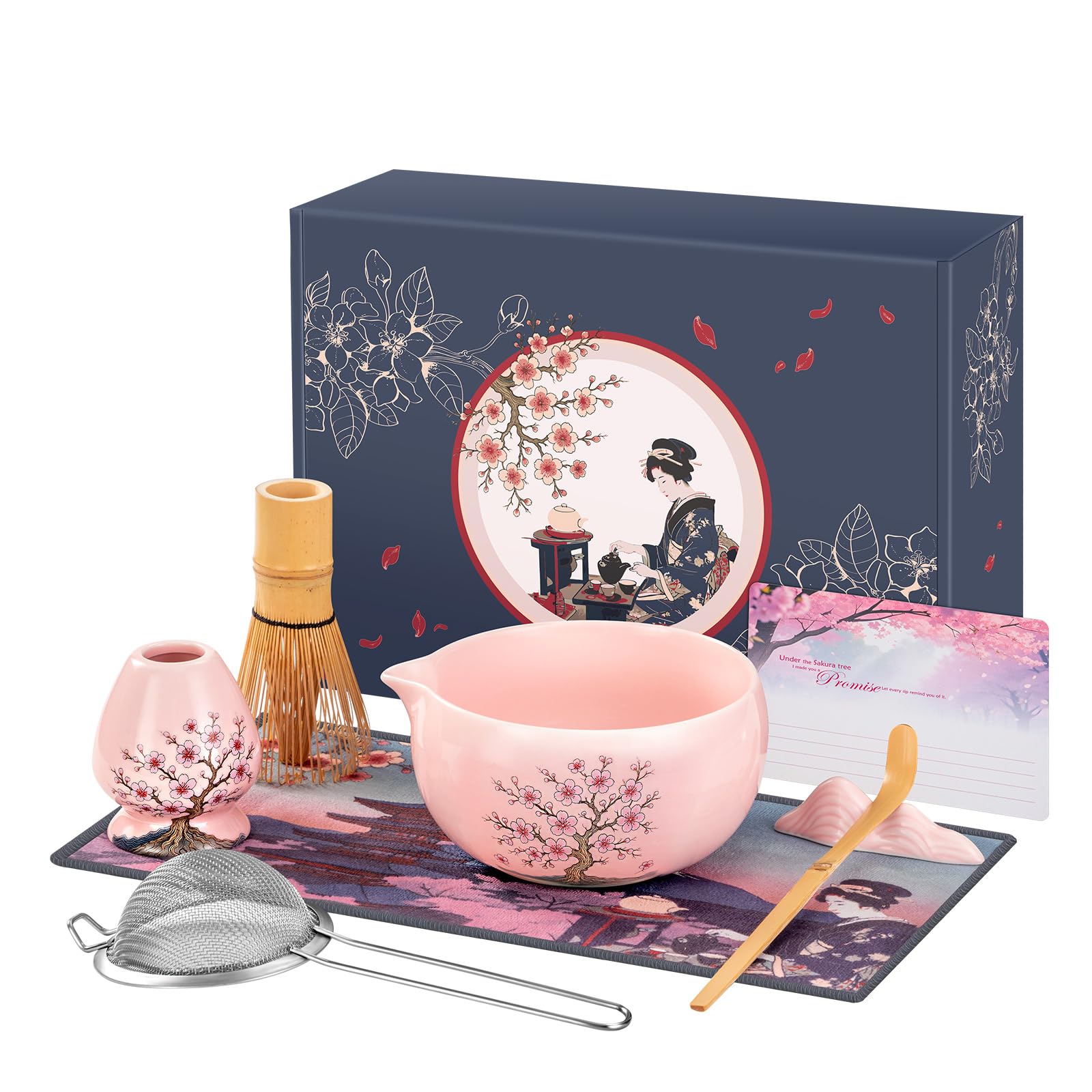 DELLAN Matcha Whisk Set cherry-blossom ceramic chawan bowl for silky tea