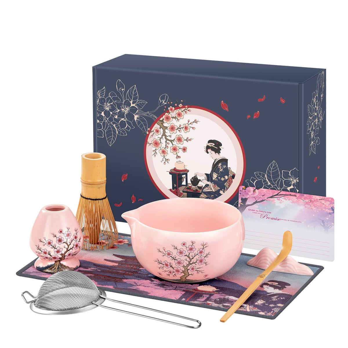 DELLAN Matcha Whisk Set cherry-blossom ceramic chawan bowl for silky tea