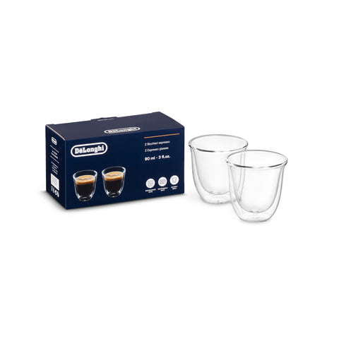 De'Longhi 3oz espresso thermal glass set front view keeps espresso hot and hands cool.