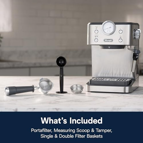 De'Longhi Classic pump detail highlights a 15-bar professional pressure system
