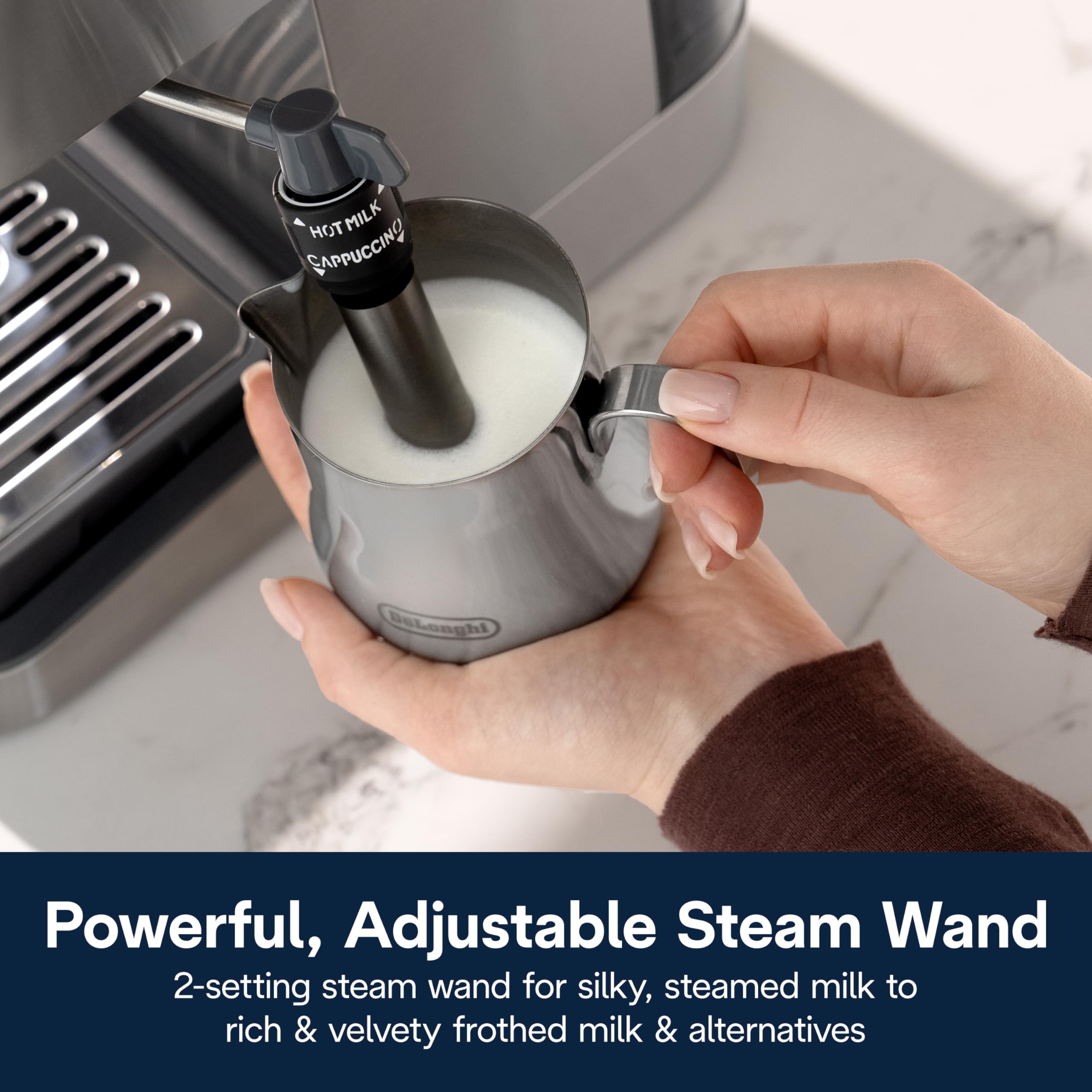 De'Longhi Classic steam wand with two settings froths milk for latte art and cappuccinos