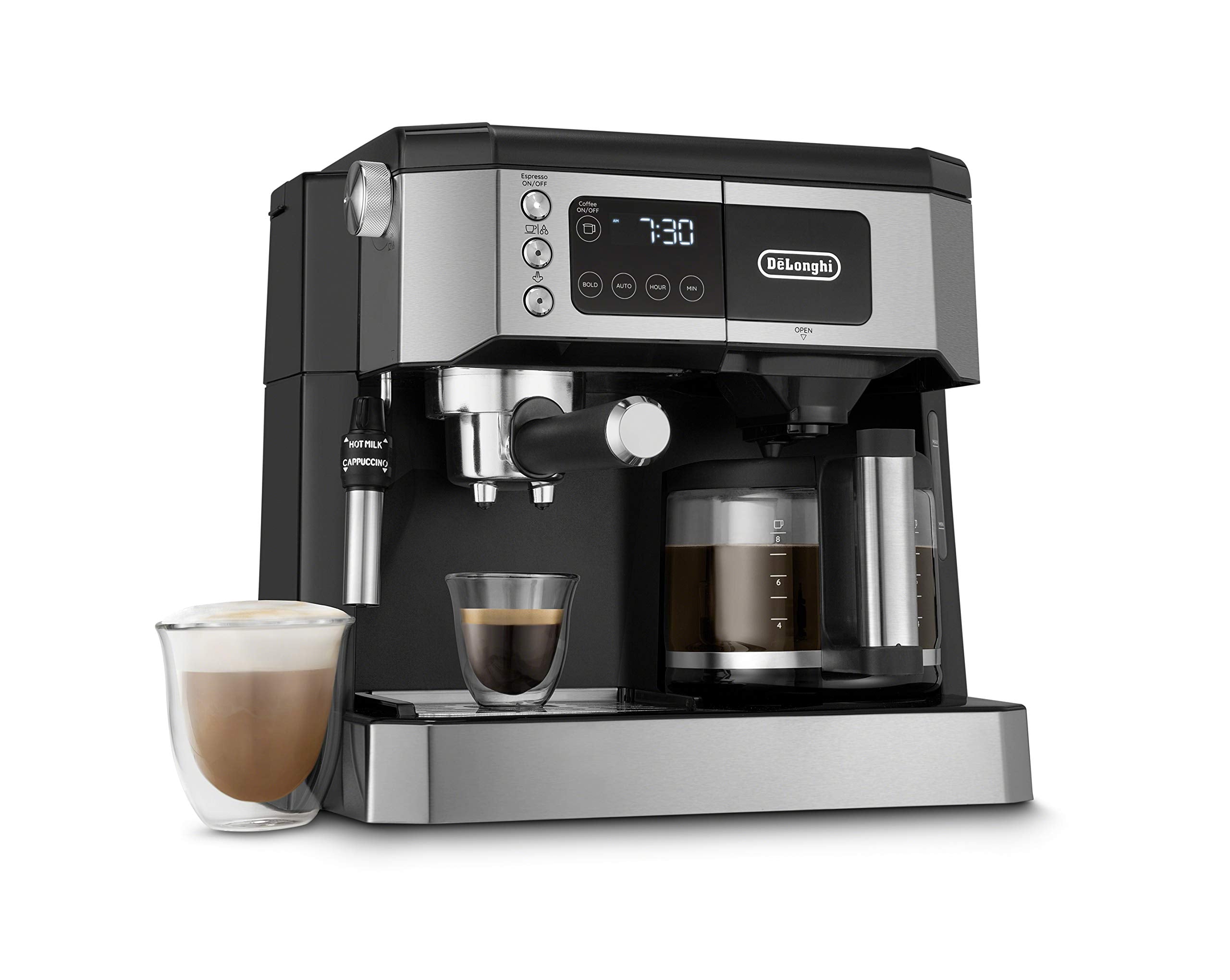 De'Longhi COM532M dual heating system enabling simultaneous coffee and espresso preparation.