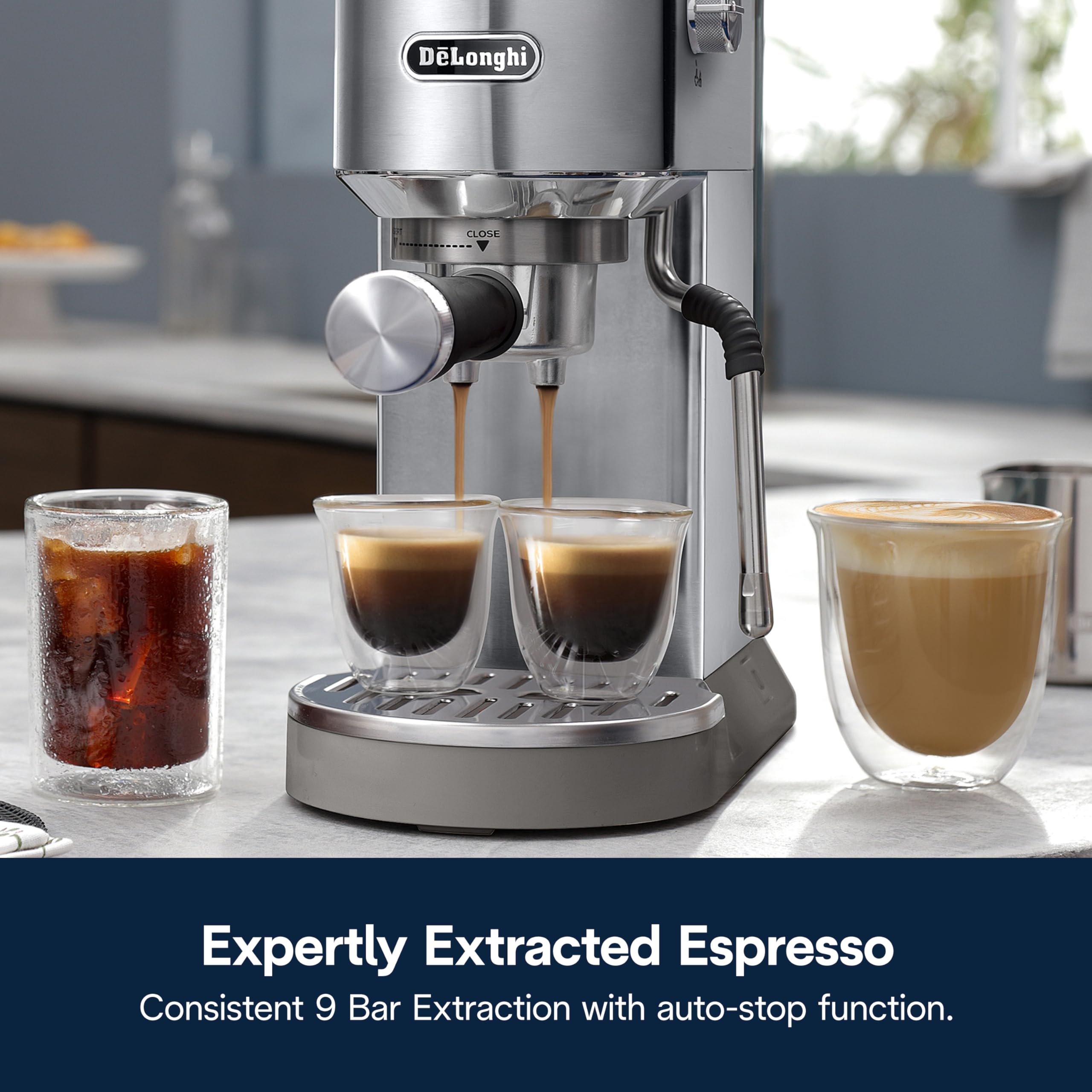 De'Longhi Dedica Duo hot espresso shot for café-style mornings.