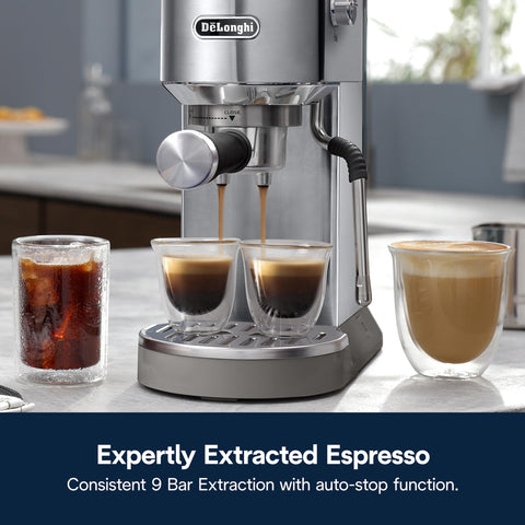 De'Longhi Dedica Duo hot espresso shot for café-style mornings.