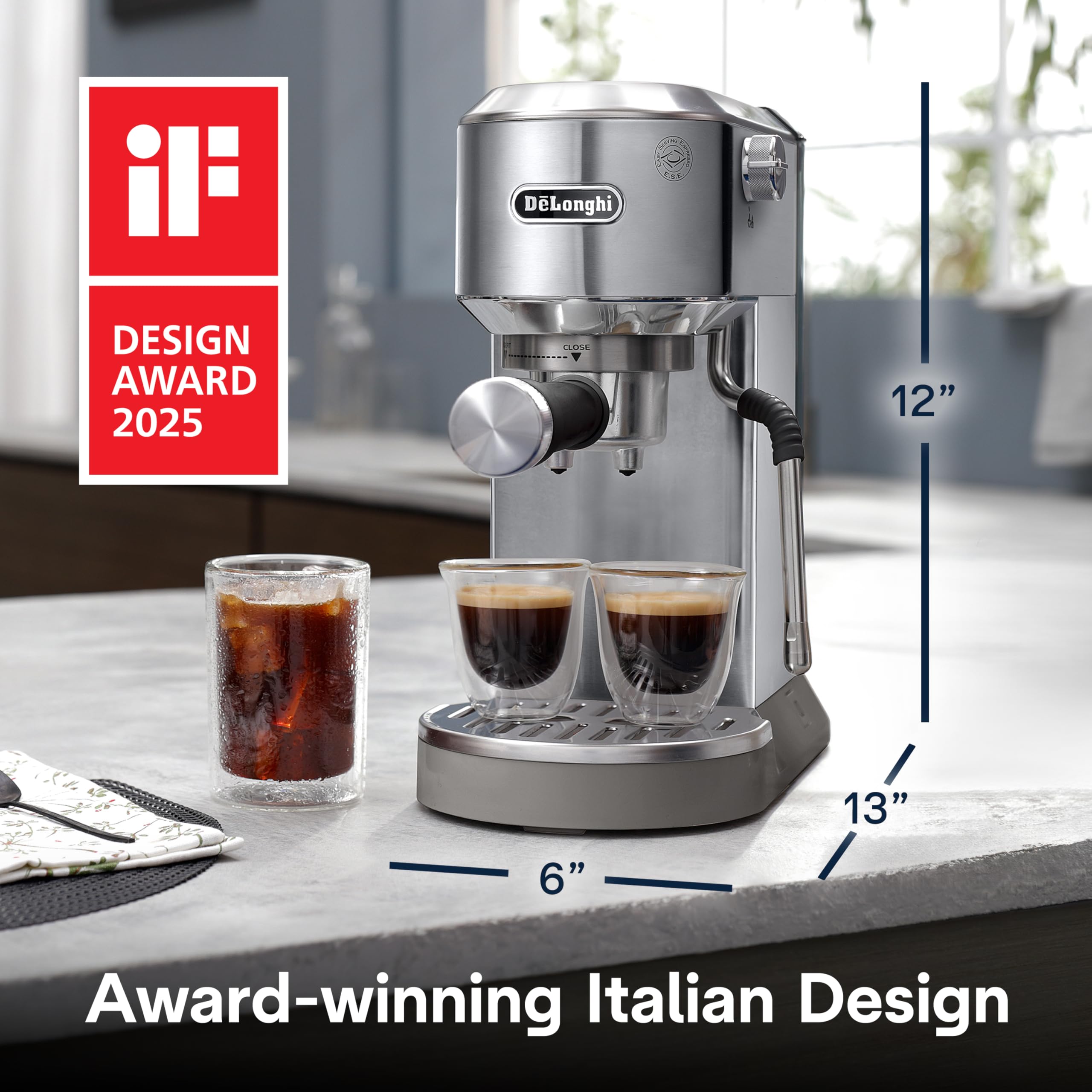 De'Longhi Dedica Duo iced coffee preparation for chilled beverages.