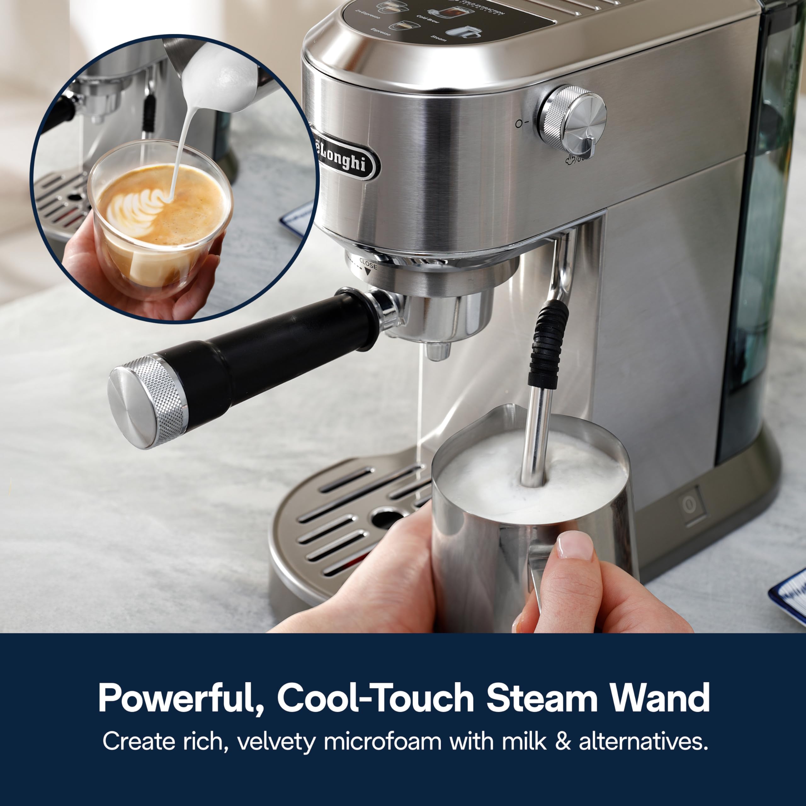 De'Longhi Dedica Duo stainless finish adds modern kitchen style.