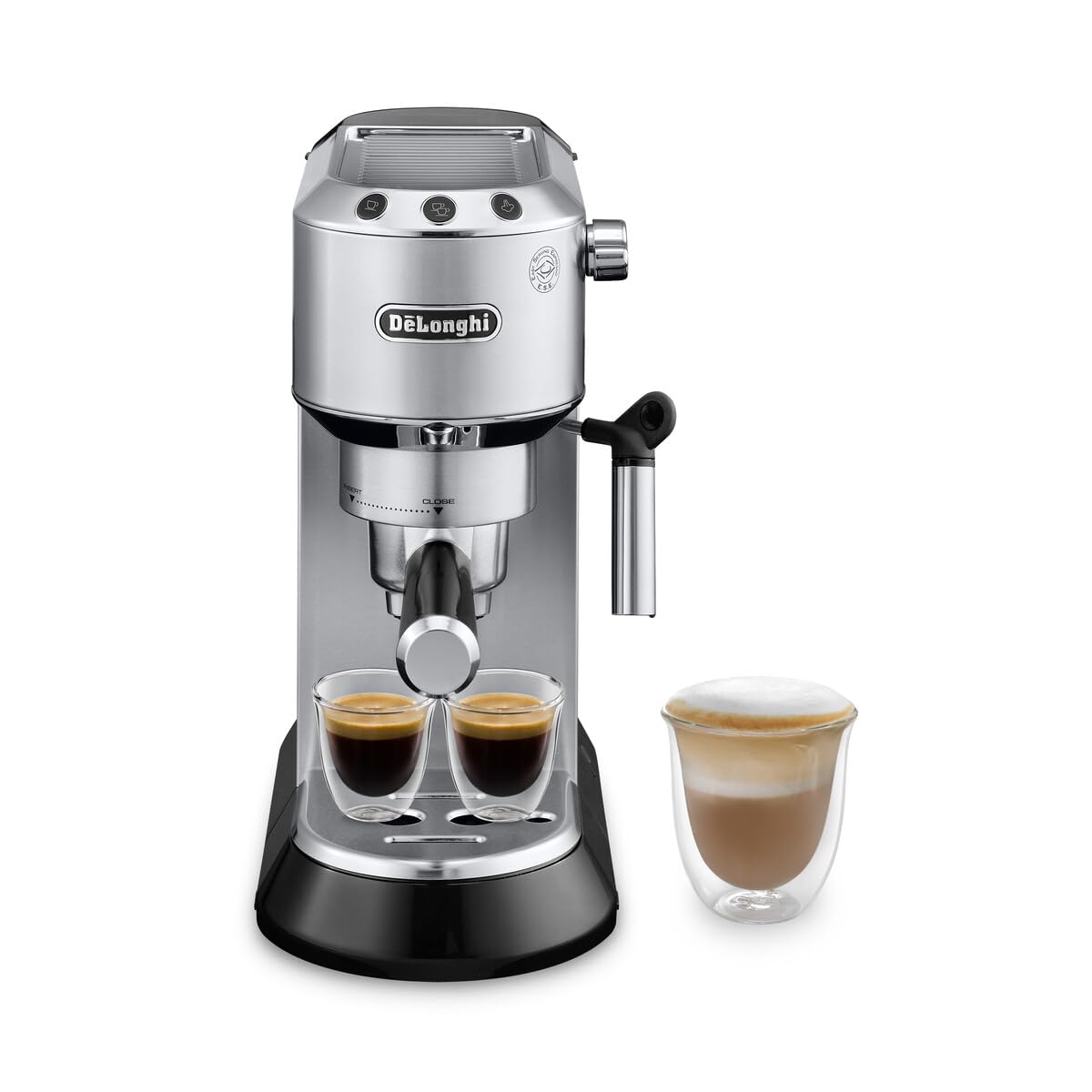 De'Longhi Dedica front view in stainless steel showing ultra-compact footprint for small kitchens.