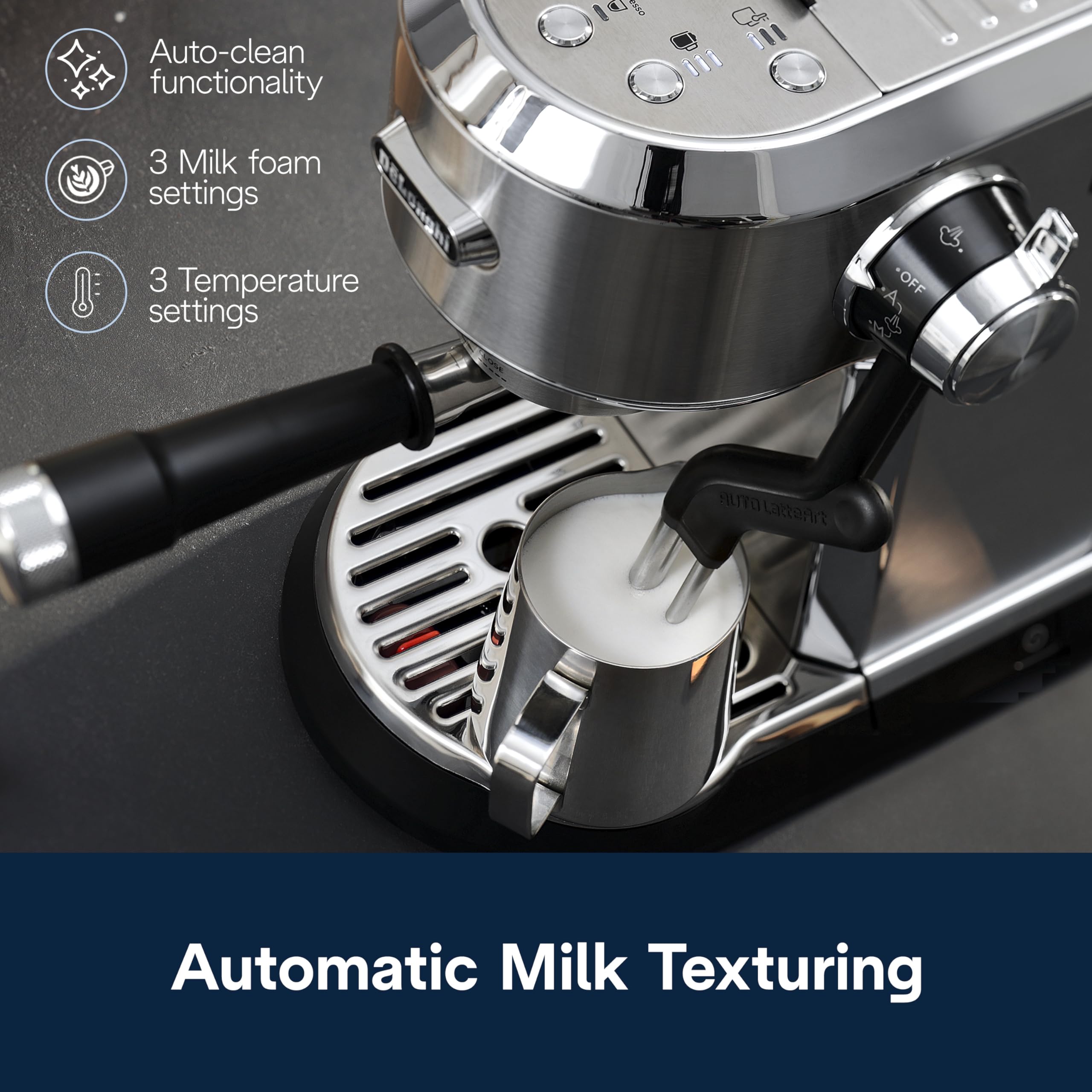 Dedica Maestro Plus with automatic steam wand delivering creamy microfoam for latte art.