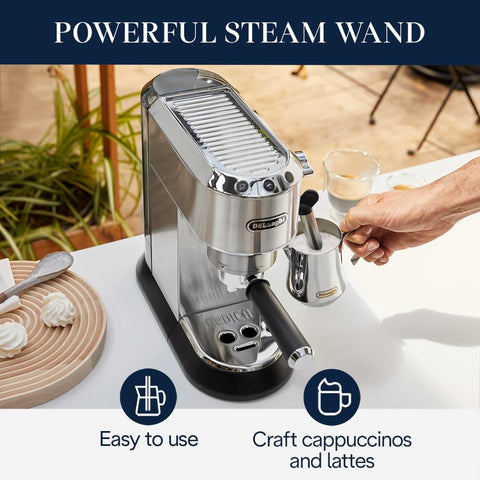 De'Longhi Dedica manual milk frother creates creamy foam for lattes.