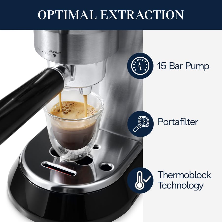 De'Longhi Dedica side view highlights slim profile ideal for limited counter space.