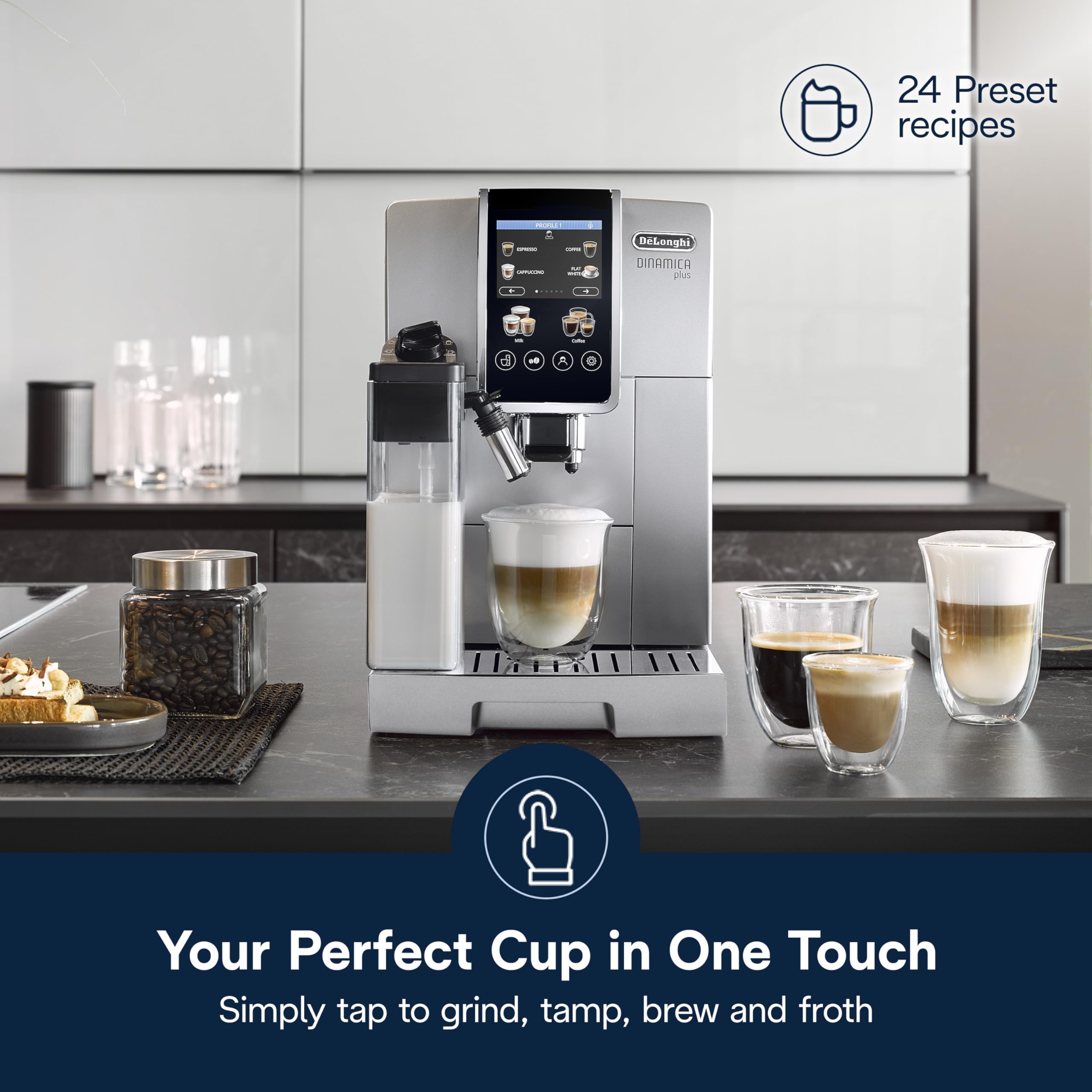 Delonghi Dinamica Plus grinder settings showcase customizable grind for fresh beans.