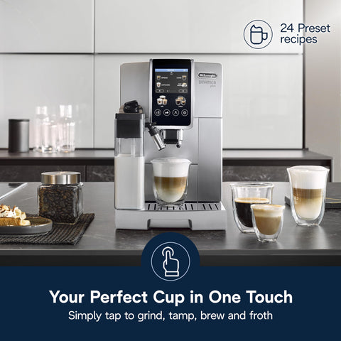 Delonghi Dinamica Plus grinder settings showcase customizable grind for fresh beans.