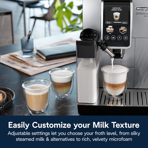 Delonghi Dinamica Plus 3.5 inch display guiding quick beverage customization.