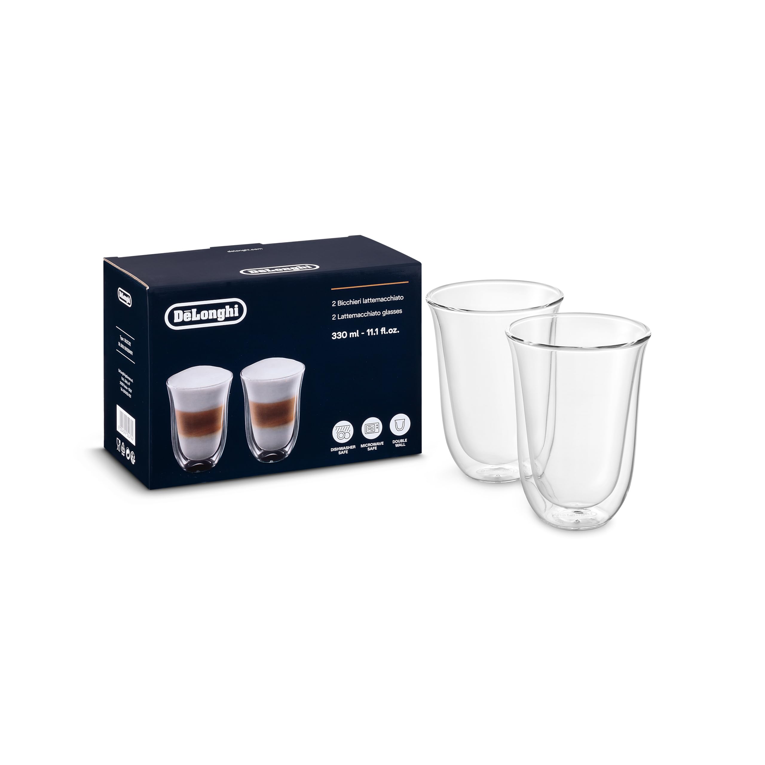 De'Longhi double-wall latte glass 2-pack clear, keeps drinks hot or cold without sweating.