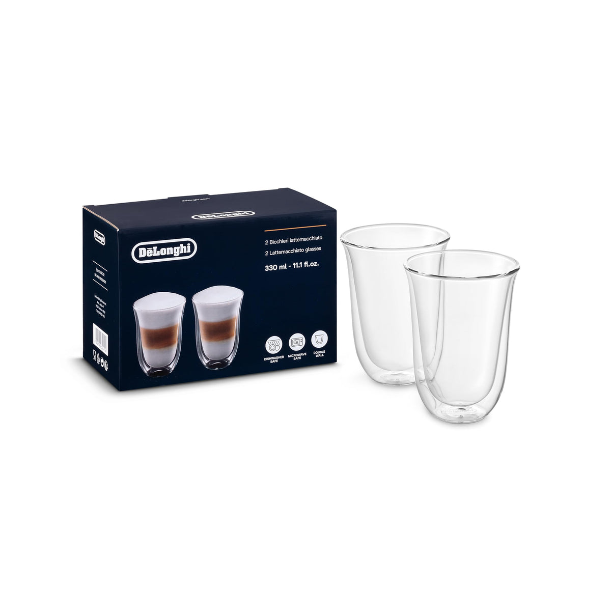 De'Longhi double-wall latte glass 2-pack clear, keeps drinks hot or cold without sweating.