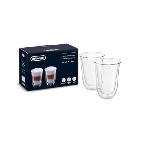 De'Longhi double-wall latte glass 2-pack clear, keeps drinks hot or cold without sweating.