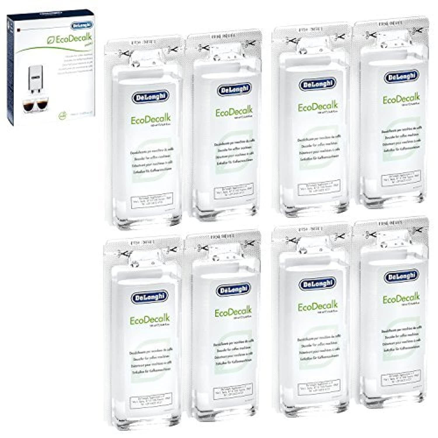 De'Longhi EcoDecalk 3.4 oz sachet for descaling coffee machines, preventing mineral buildup.