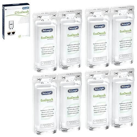 De'Longhi EcoDecalk 8-sachet box for easy, mess-free descaling of De'Longhi and standard coffee makers.
